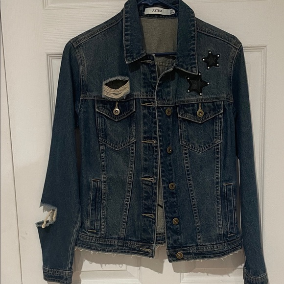 JustFab Dark Blue Jean Jacket with Star Accents - Picture 1 of 8